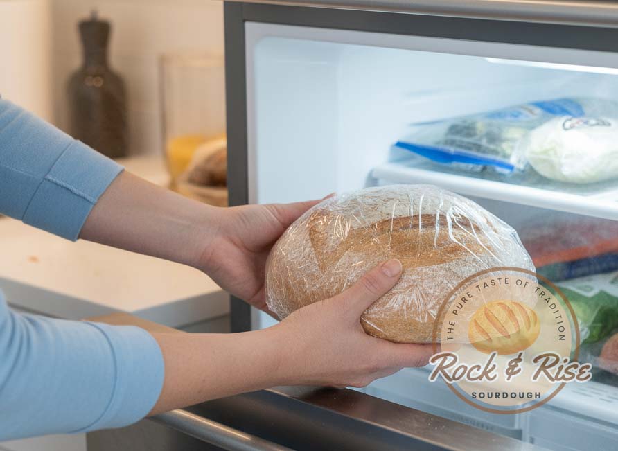 A plastic-wrapped bag of Rock n Riser sourdough bread is placed in the freezer.